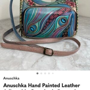 Anuschka Hand Painted Leather Crossbody Bag - Blue and Pink